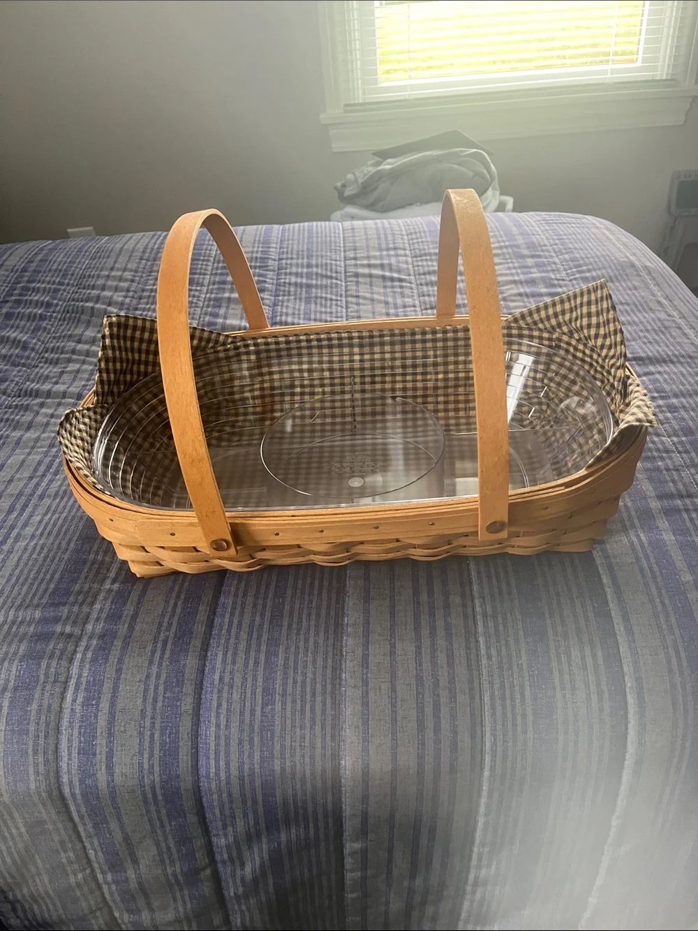 Longaberger Natural Wicker Basket with Clear Glass Insert and Brown Plaid Liner